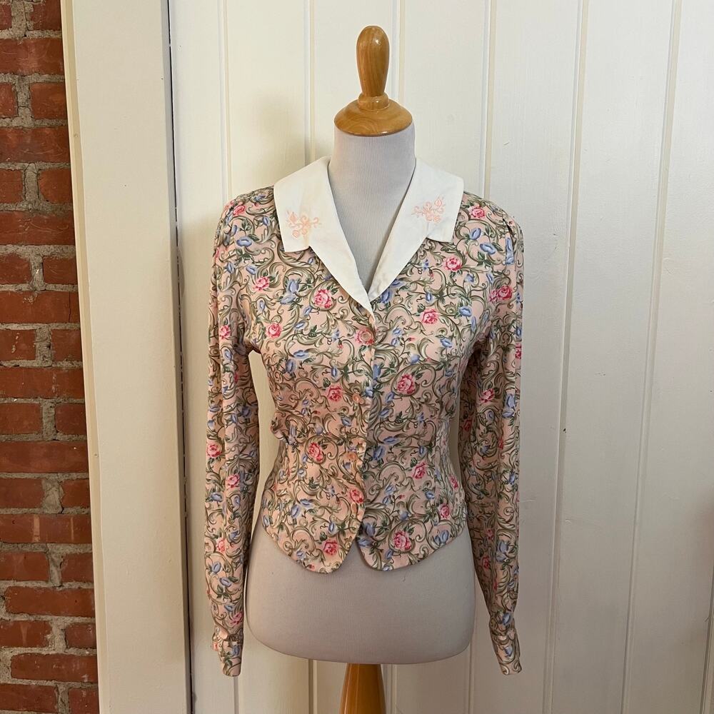 Vintage 90s Susan Bristol Floral Rayon Matching Skirt Blouse Set Pink USA 8 - Picture 10 of 13
